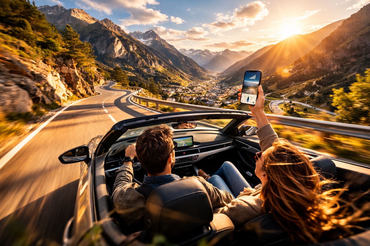 Panorama di Andorra nei Pirenei con turisti e smartphone