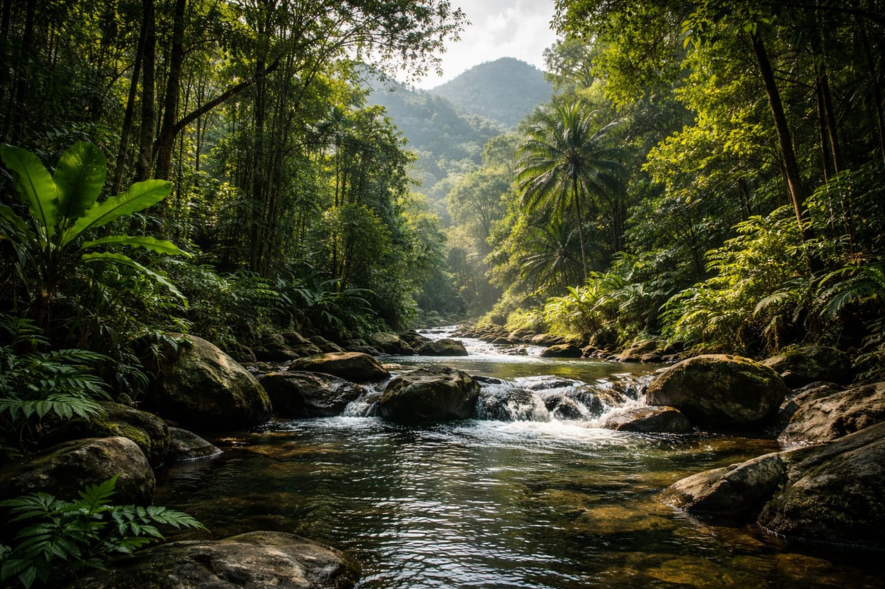 La giungla del Cockscomb con un fiume e una fitta vegetazione tropicale