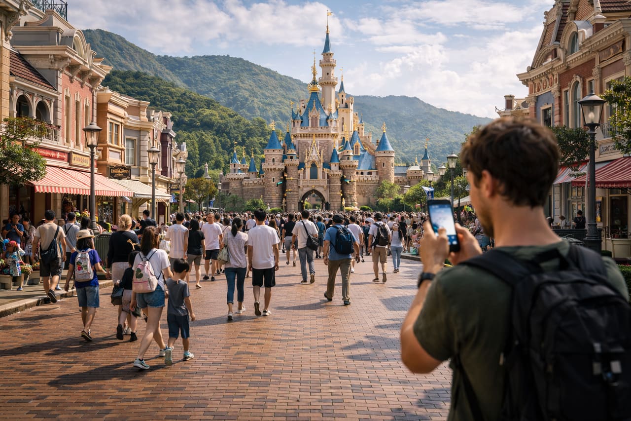 Il castello e le attrazioni del parco Disneyland a Hong Kong.