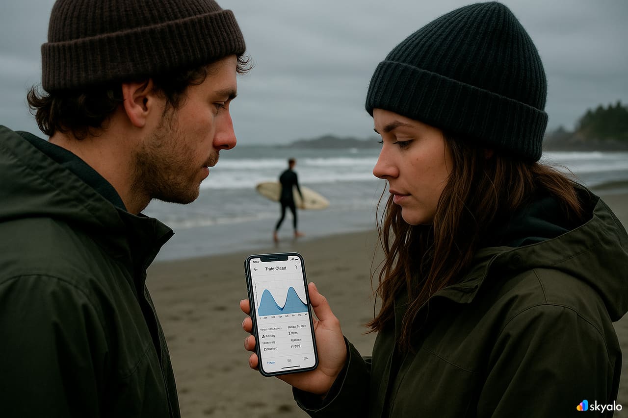 Coppia a Tofino; tabella delle maree sul telefono, pini nella nebbia e sabbia bagnata che riflette l’oceano