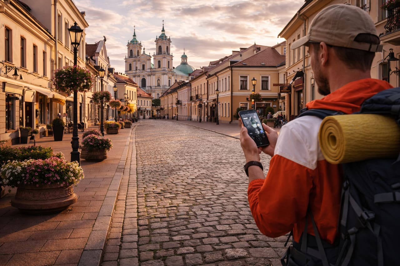 Гродно старый город европейская архитектура, турист использует смартфон с eSIM