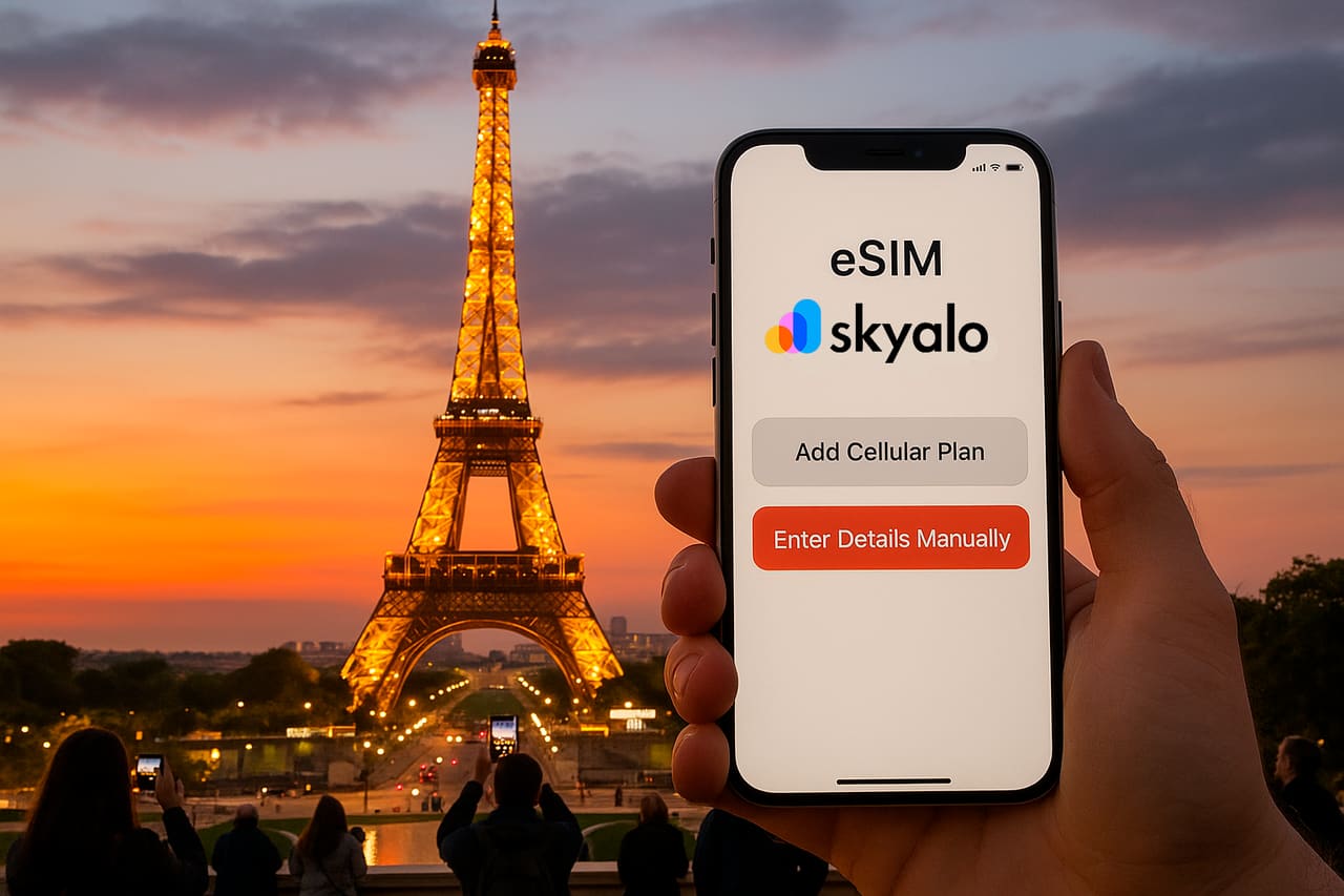 Eiffel Tower in Paris illuminated at night with tourists, eSIM from Skyalo for travelers