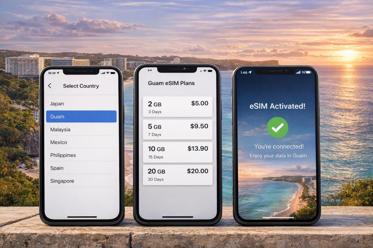 Три смартфона с интерфейсом eSIM для Гуама - выбор страны, тарифы и активация на фоне побережья Гуама