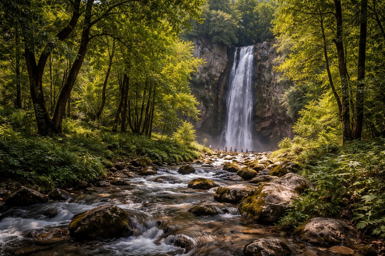 Лес Арсланбоб с водопадами и людьми на фоне