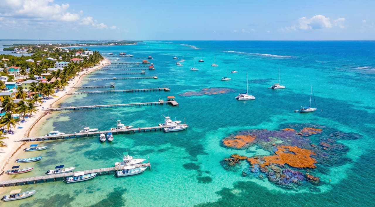 Ambergris Caye in Belize con acque turchesi, moli e barche lungo la costa in una giornata di sole