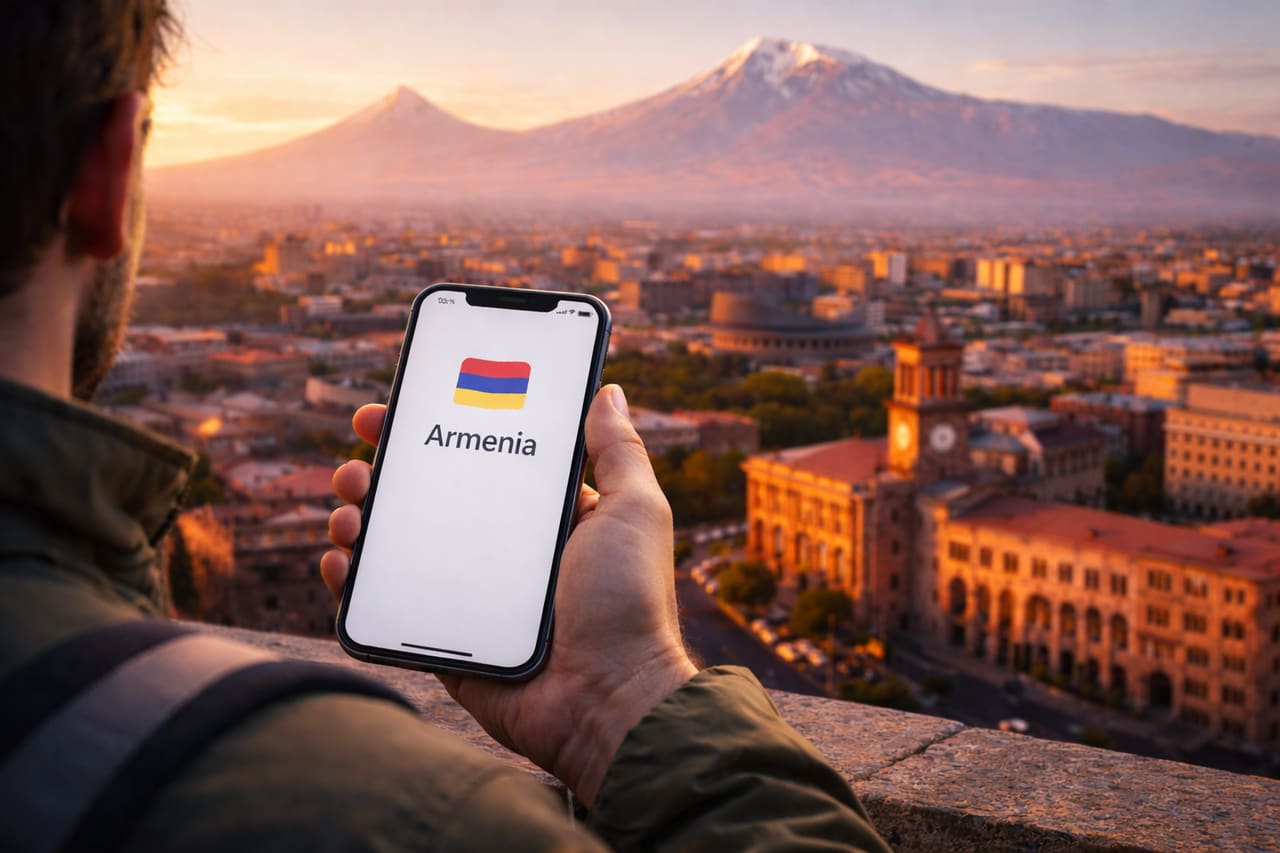 Panorama di Erevan al tramonto con vista sull’Ararat e un viaggiatore che usa uno smartphone con eSIM