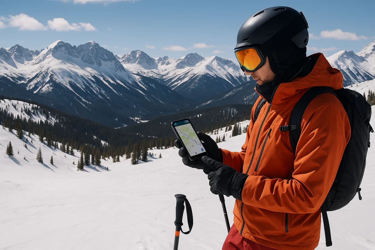 Muntanyes Rocalloses i un esquiador amb navegació que funciona via eSIM