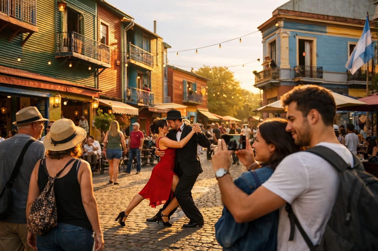 Case colorate del quartiere La Boca a Buenos Aires e turisti che pubblicano foto online con eSIM