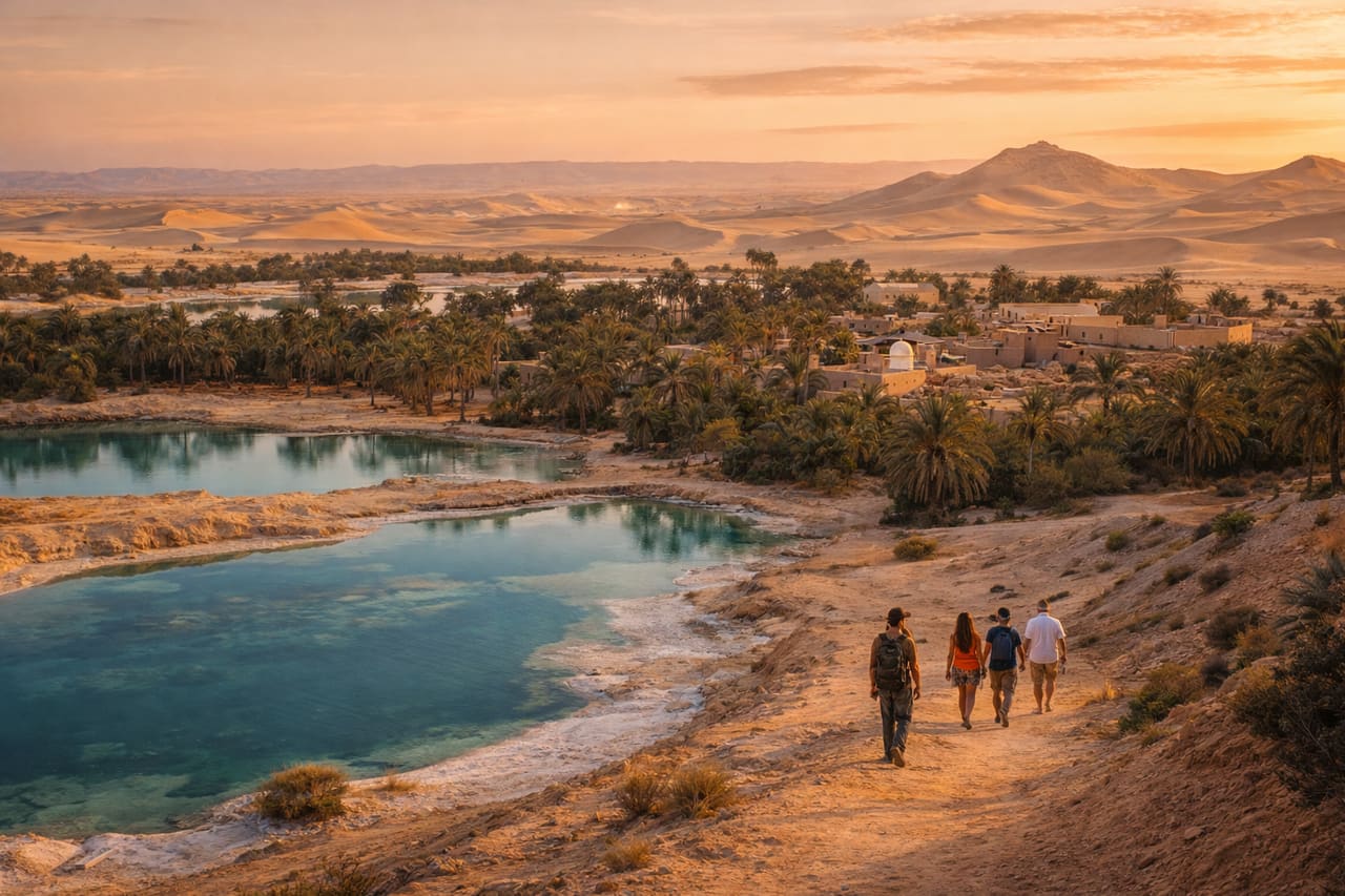 Oasi di Siwa con palmeti e laghi salati nel deserto egiziano, viaggio con internet eSIM