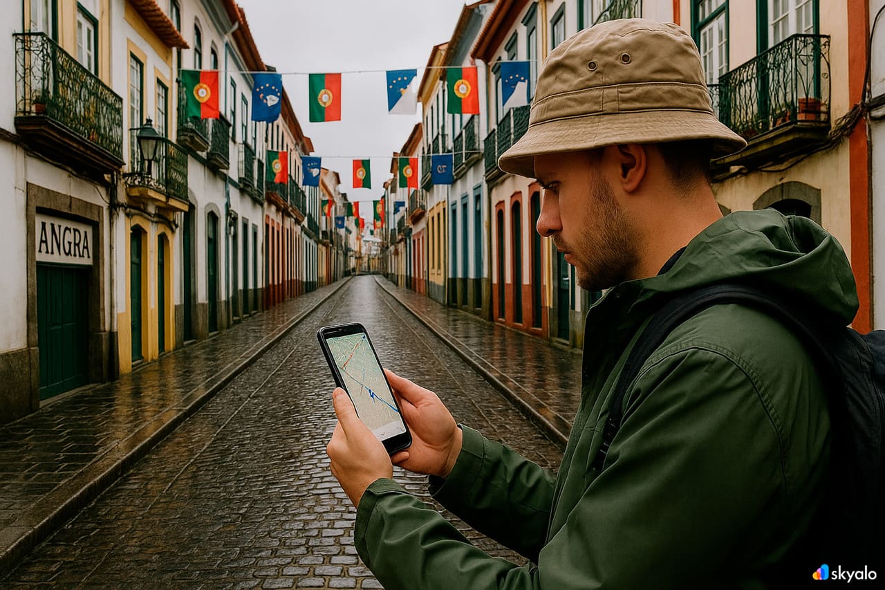 Facciate color pastello ad Angra, a Terceira; ciottoli bagnati mentre un viaggiatore appuntata le tappe sullo smartphone