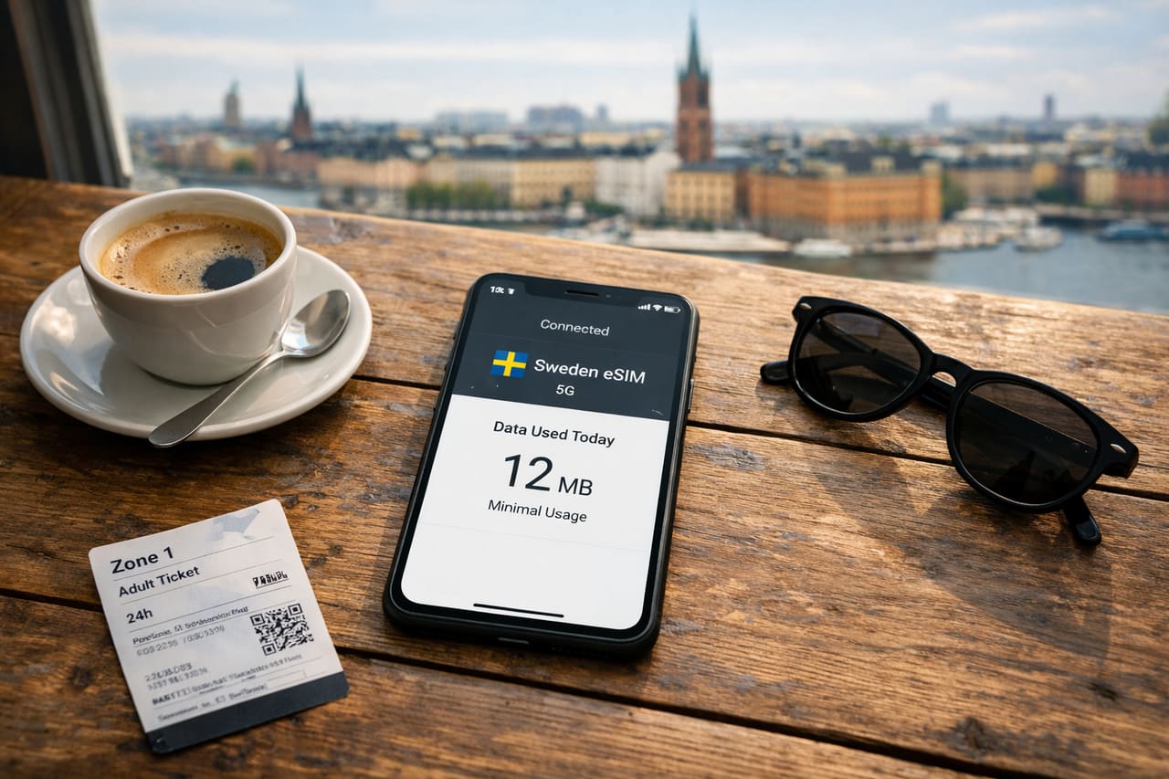 Smartphone con eSIM Sweden attiva su un tavolino di un caffè con vista su Stoccolma