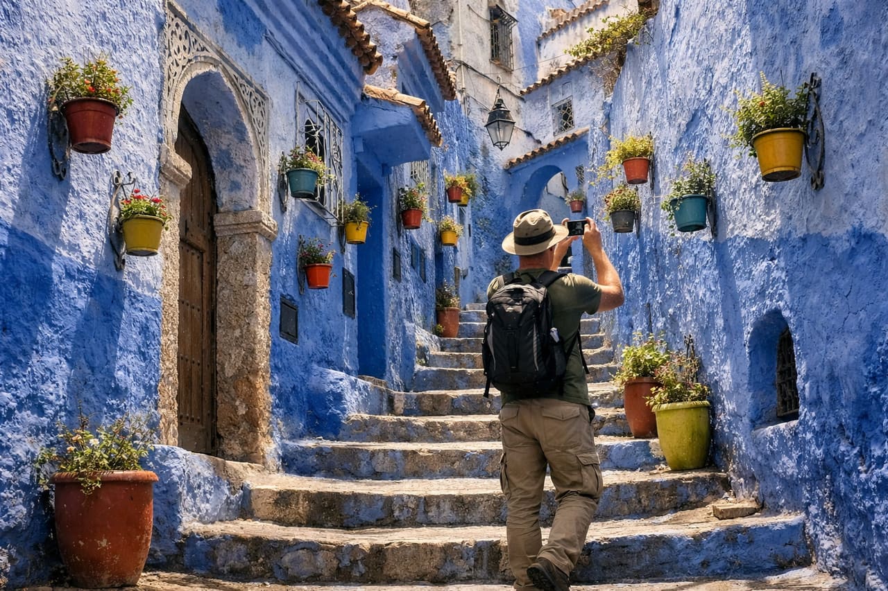 Strade blu della città di Chefchaouen in Marocco.