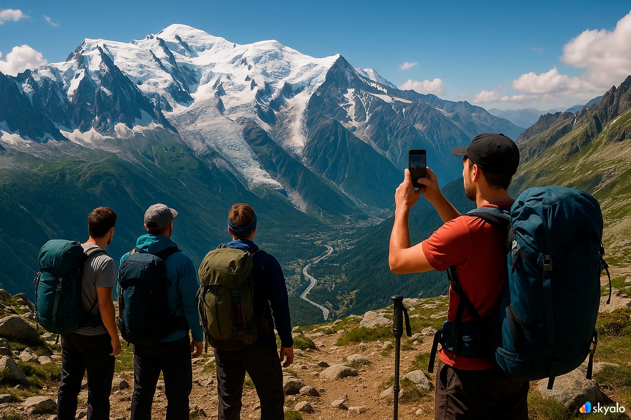 View of Mont Blanc with climbers using Skyalo eSIM in the mountains