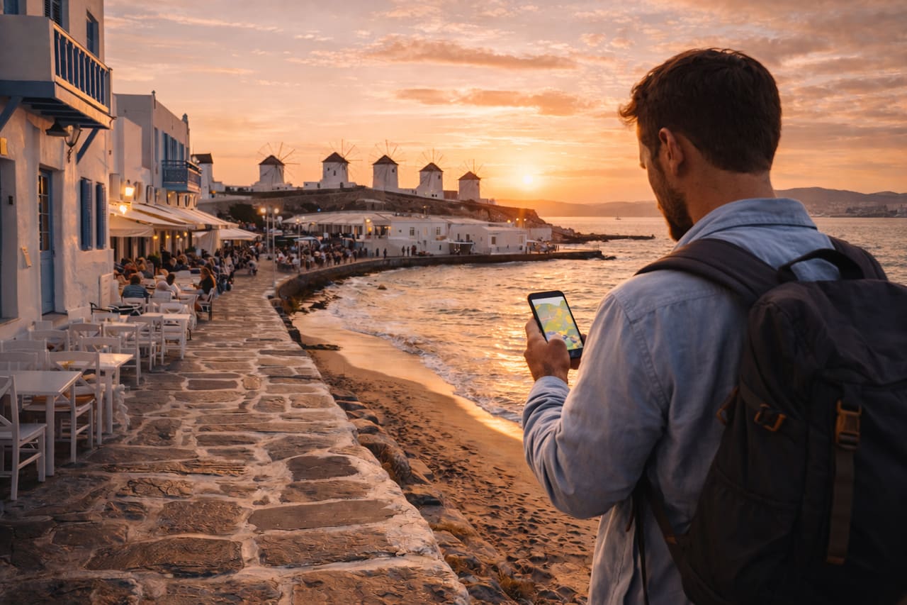 Mulini a vento di Mykonos al tramonto e un viaggiatore con smartphone con eSIM attiva