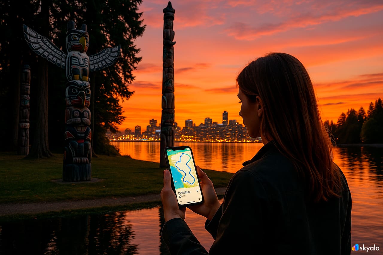 Donna vicino ai totem di Stanley Park; percorso Seawall sullo schermo del telefono, montagne che si illuminano al tramonto
