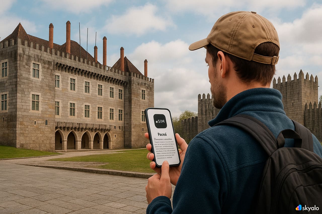 Viaggiatore vicino al castello e al palazzo a Guimarães; pagina informativa aperta sul telefono, online con eSIM Skyalo