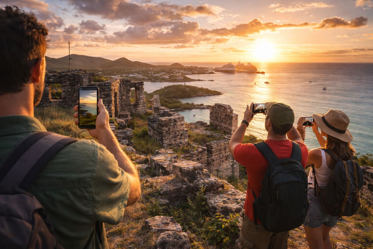 Rovine di Fort Barrington su una collina con vista sulla costa e turisti con smartphone con eSIM
