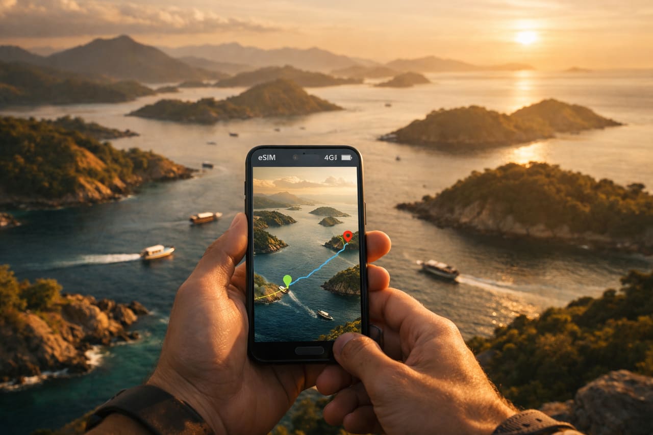 Smartphone con mappa del percorso tra le isole dell’Indonesia e eSIM attiva