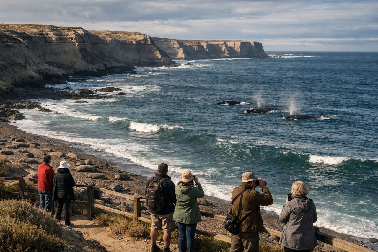 Costa della Penisola Valdés e turisti che osservano le balene e usano lo smartphone