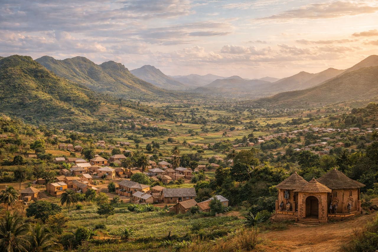 Natitingou i Benin med bakker, grønne bjerglandskaber, landsbyer og en rolig atmosfære i den nordlige region
