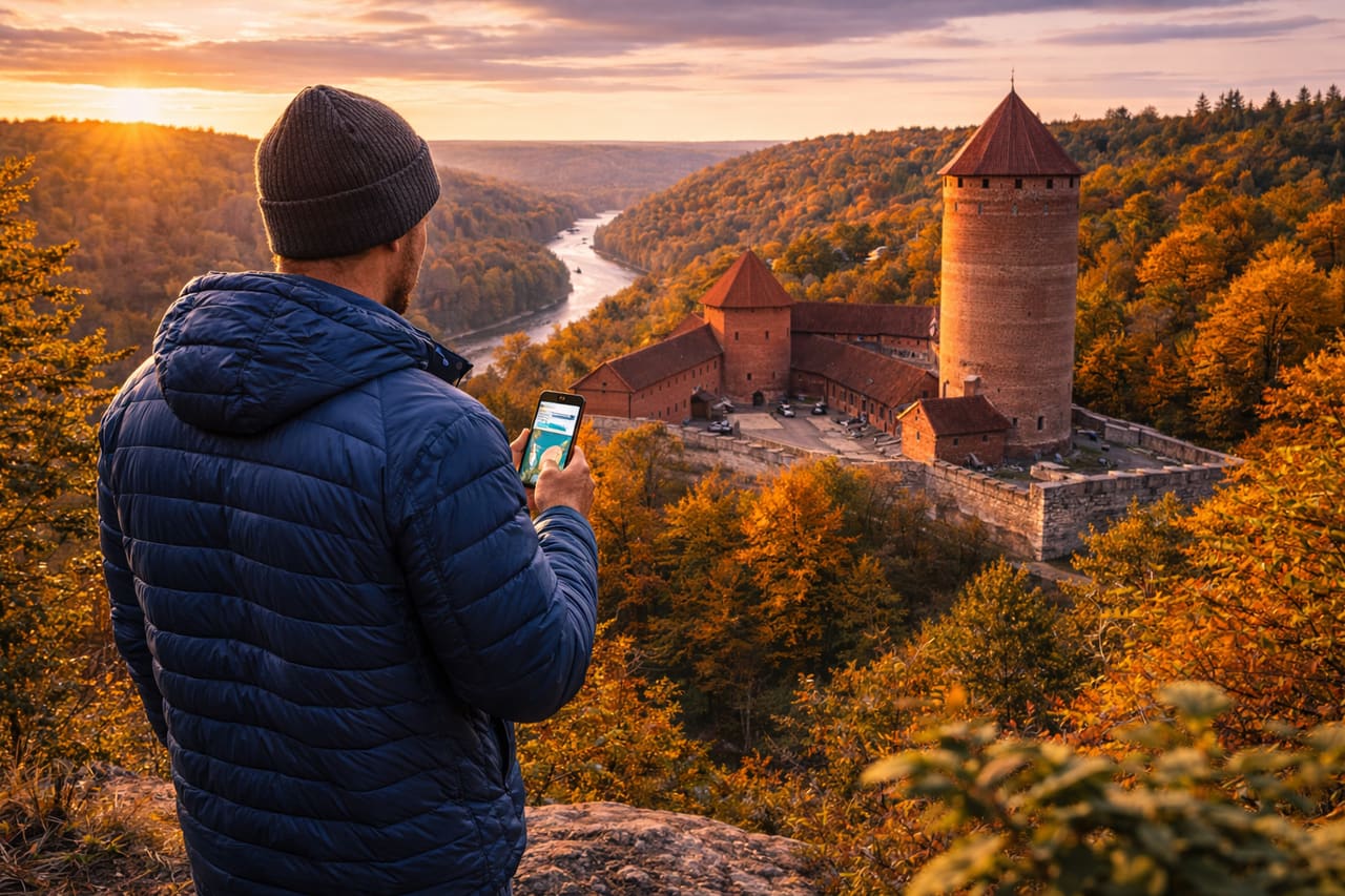 Gauja Vadisi üzerinde Turaida Kalesi ve eSIM’li akıllı telefonla bir turist