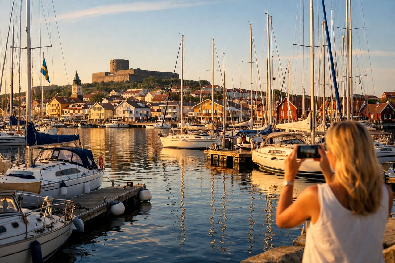 Marina di Marstrand e turisti fotografano gli yacht