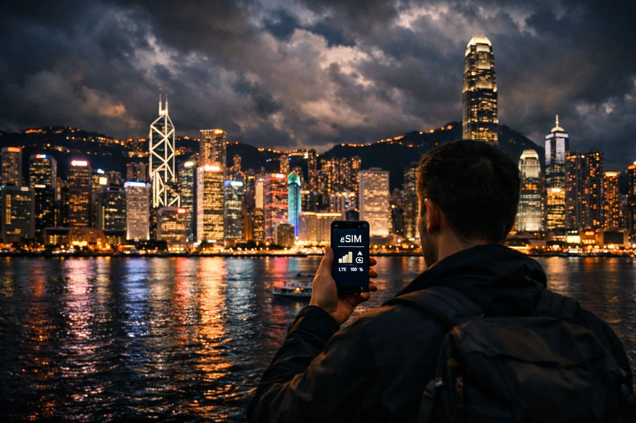 Lo skyline notturno di Hong Kong e un turista con lo smartphone con eSIM attivata