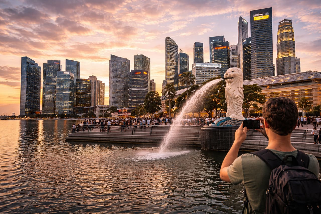 La statua del Merlion sul lungomare di Singapore.