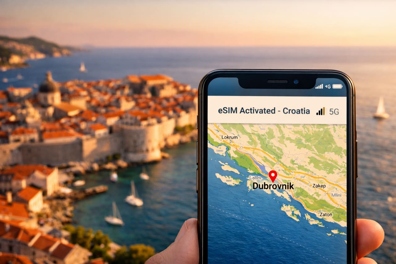 Smartphone mit aktivierter eSIM vor der Kulisse der Altstadt von Dubrovnik und des Adriatischen Meeres in Kroatien