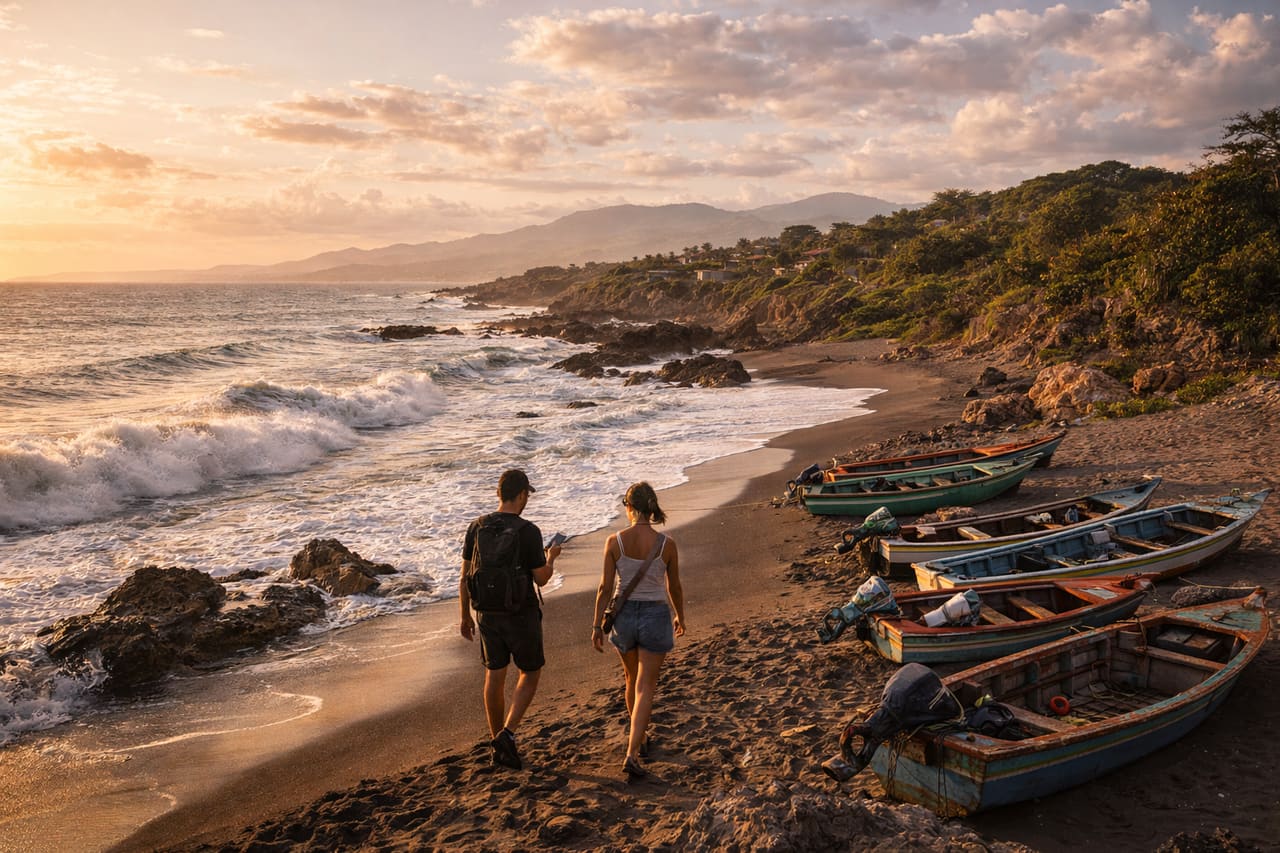 Spiaggia di Treasure Beach sulla costa sud: turisti a metà scena camminano lungo la riva, uno usa lo smartphone