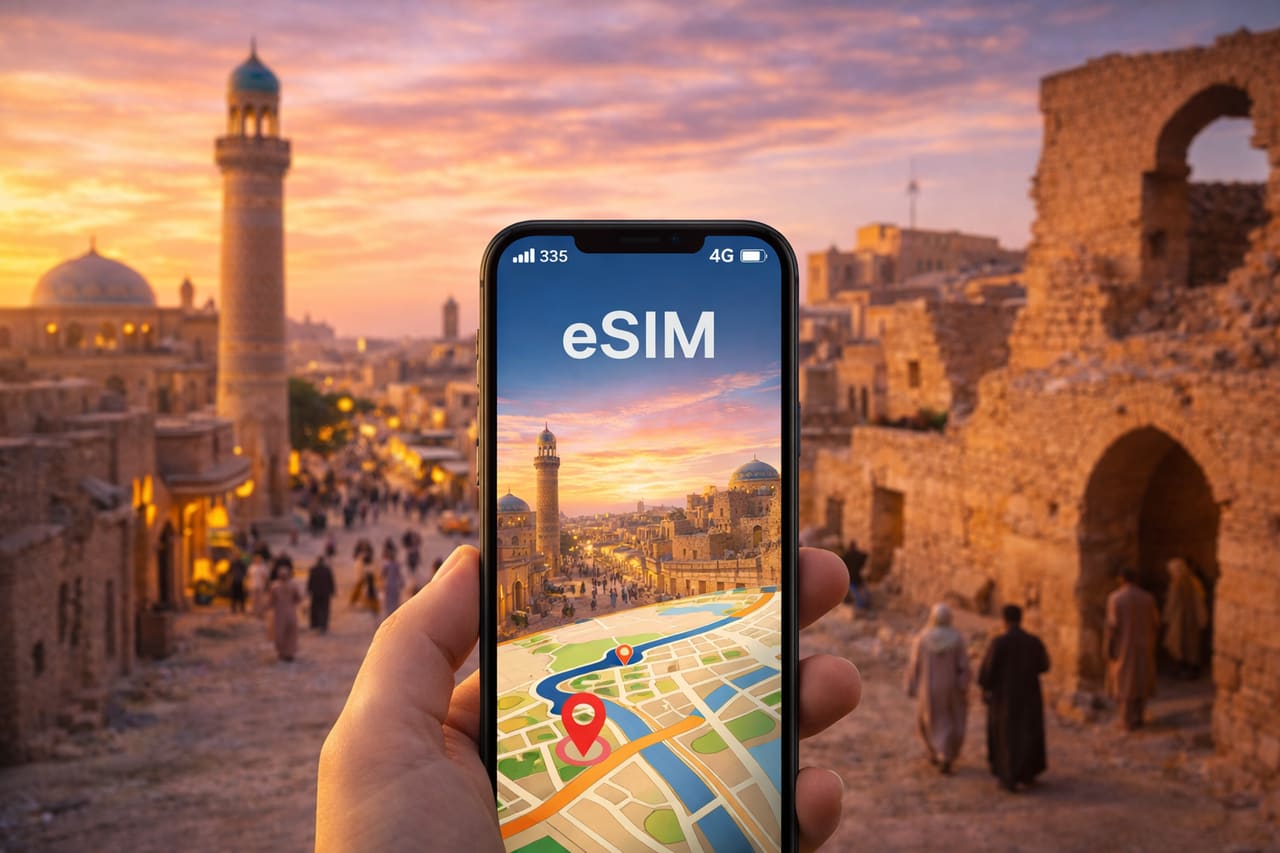 Išmanusis telefonas su aktyvuota eSIM istorinės Irako architektūros fone