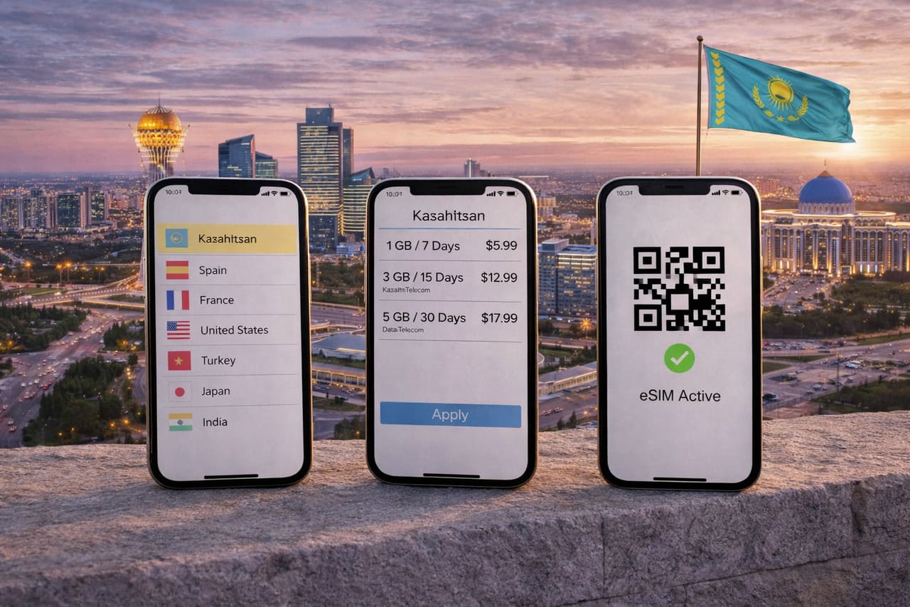 Attivazione eSIM per il Kazakistan su smartphone con scelta delle tariffe di internet mobile sullo sfondo di Astana