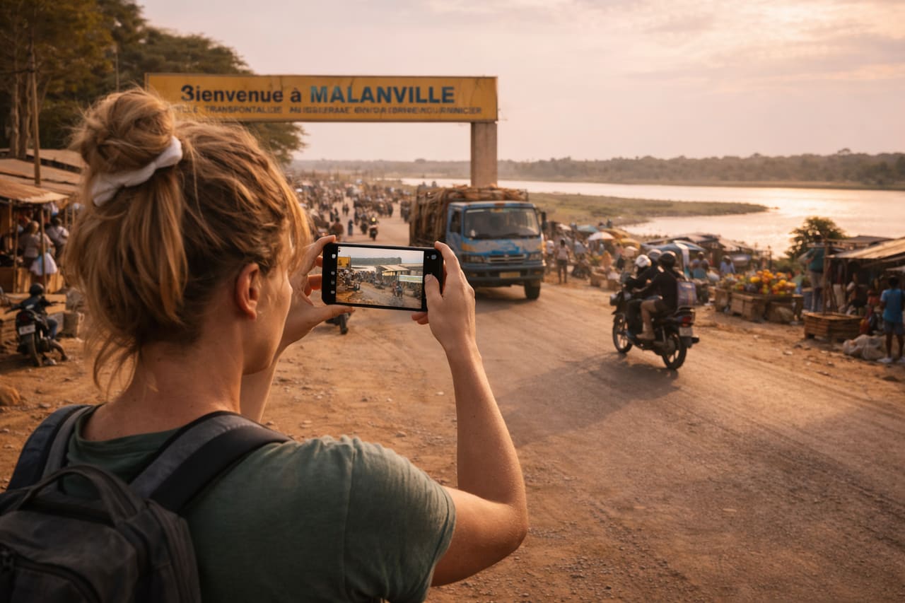 Malanville i Benin med veje, transport, flod og en rejsende med smartphone med aktiv eSIM på en grænsetur