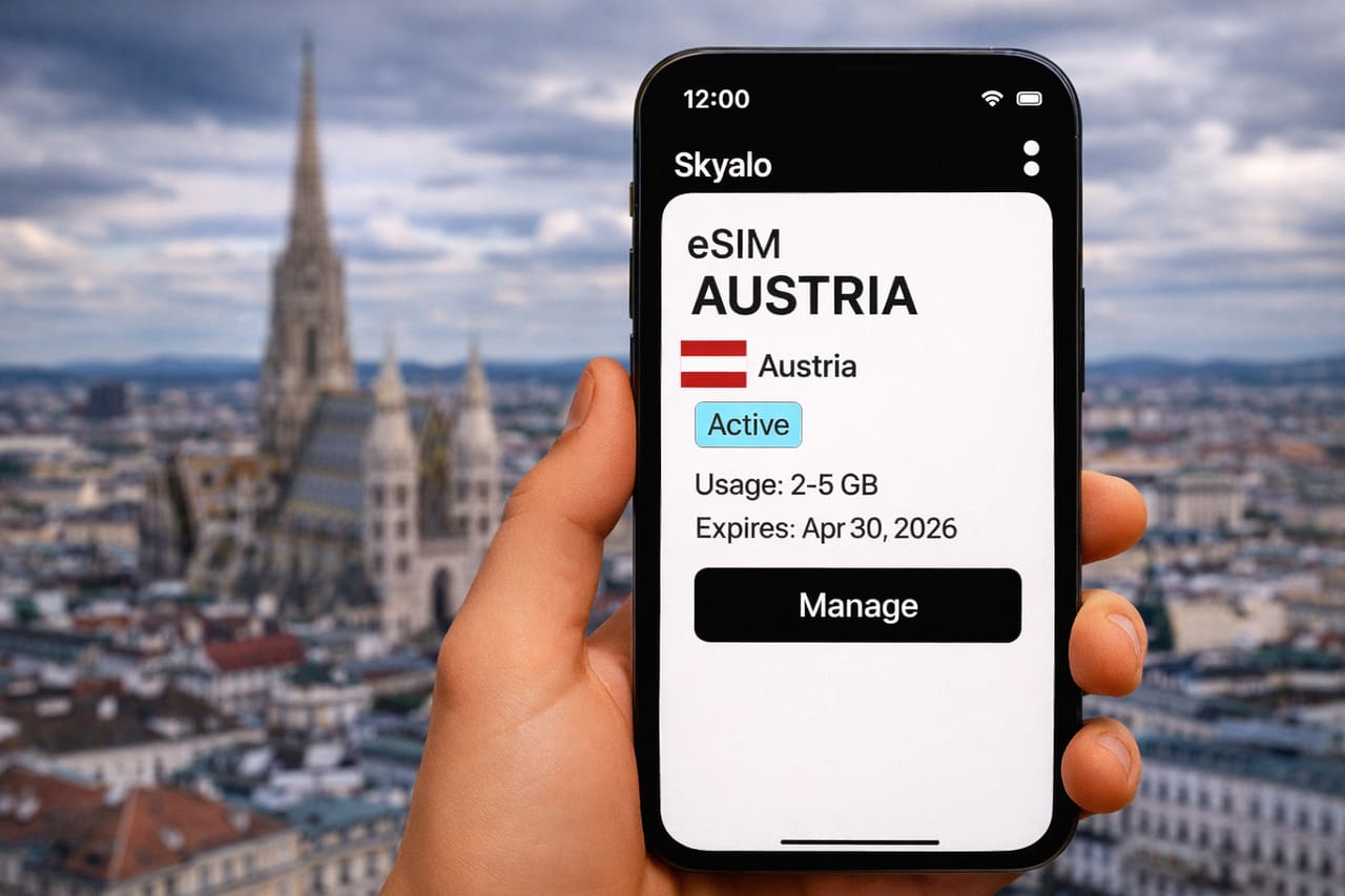 Una mano tiene uno smartphone con l’interfaccia Skyalo eSIM per l’Austria sullo sfondo della panoramica di Vienna e della Cattedrale di Santo Stefano, stato eSIM Active, validità fino al 30 aprile 2026.