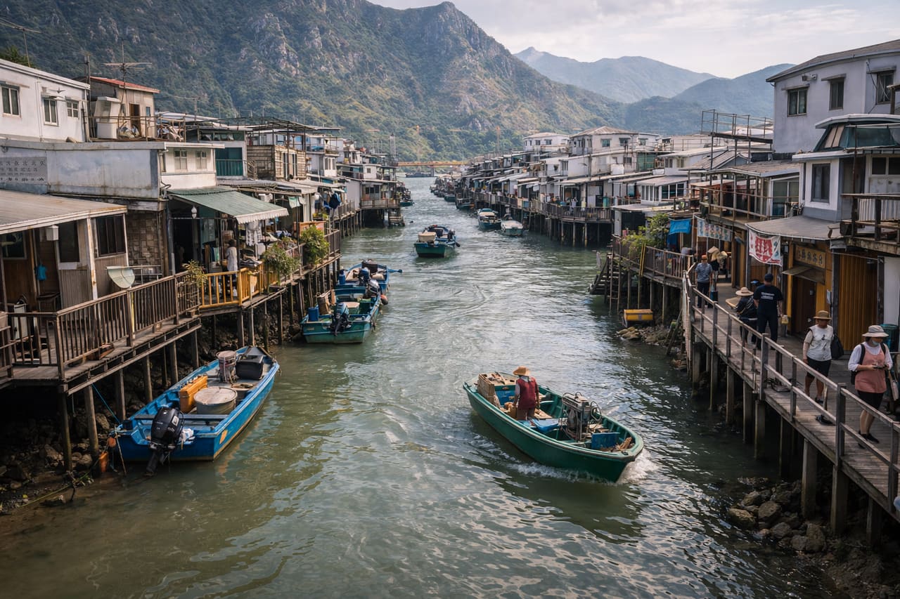 Il villaggio di pescatori di Tai O con case su palafitte.