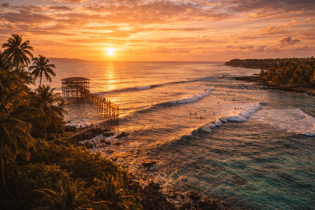 Surf sull’isola di Siargao tra palme e onde oceaniche.
