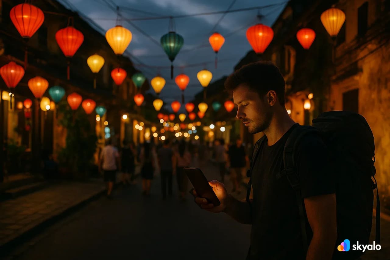 Strada delle lanterne a Hoi An, viaggiatore con eSIM che prenota hotel al volo