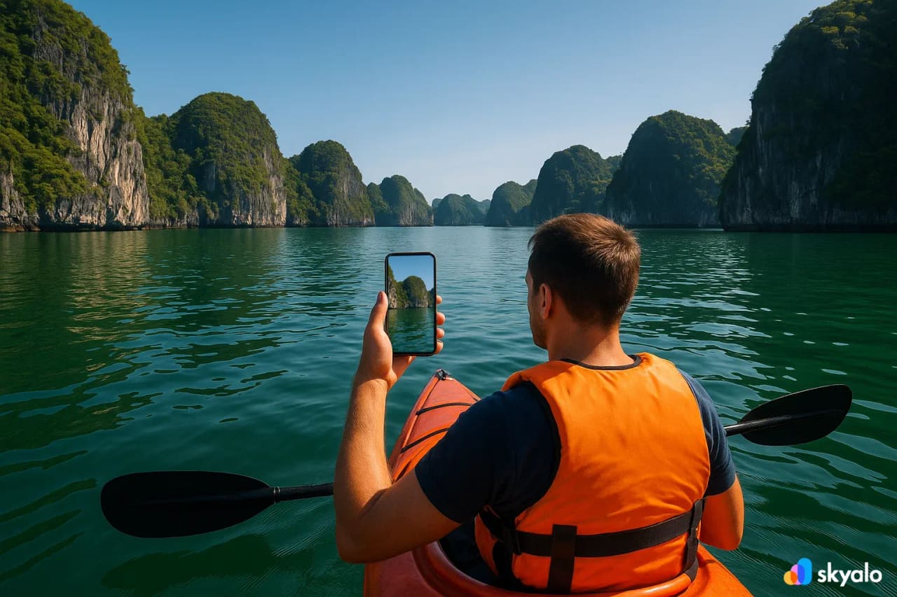 Kayaker nella Baia di Lan Ha, viaggiatore con eSIM che invia foto delle scogliere calcaree