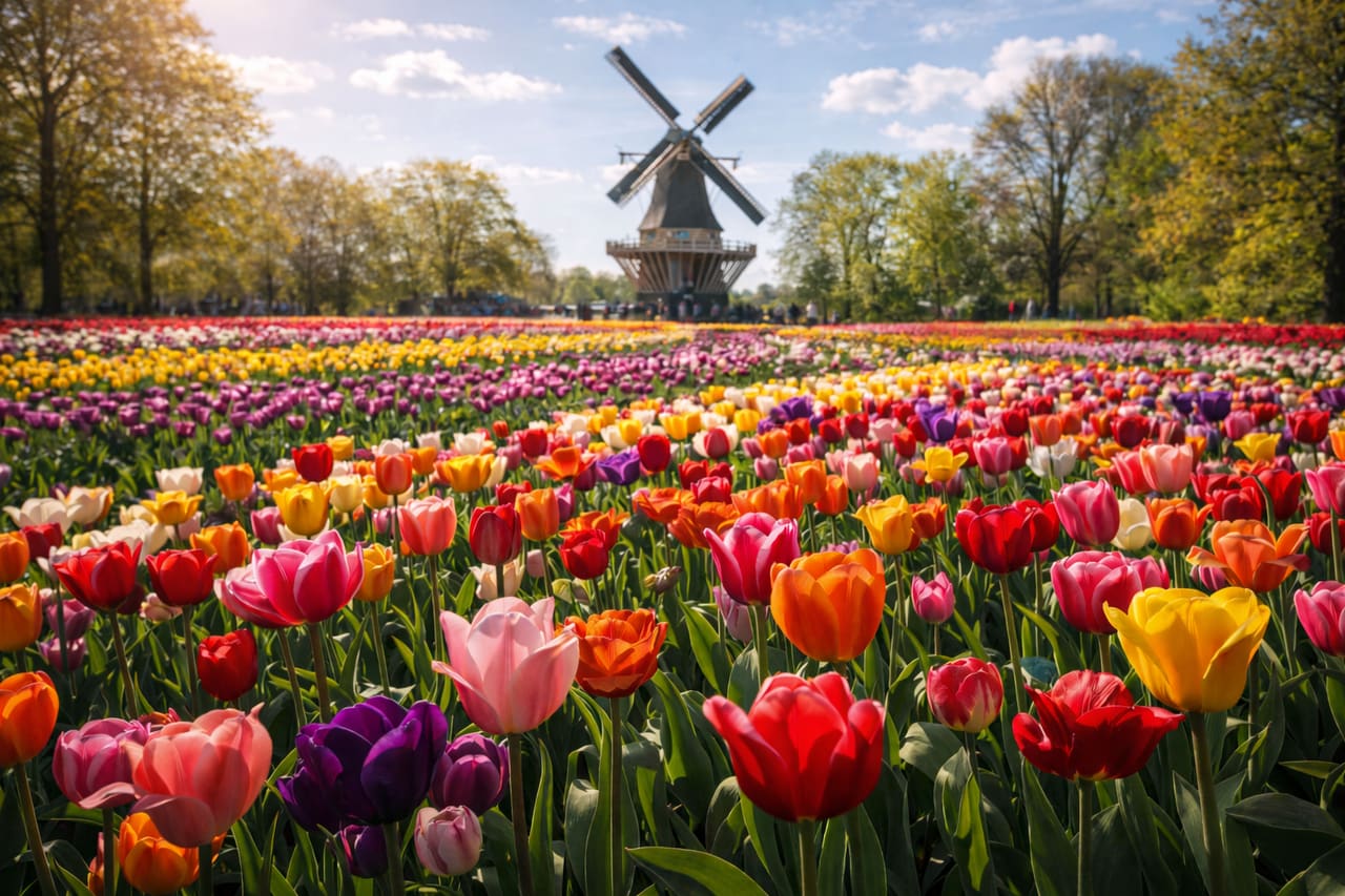 Campi di tulipani in fiore a Keukenhof in primavera