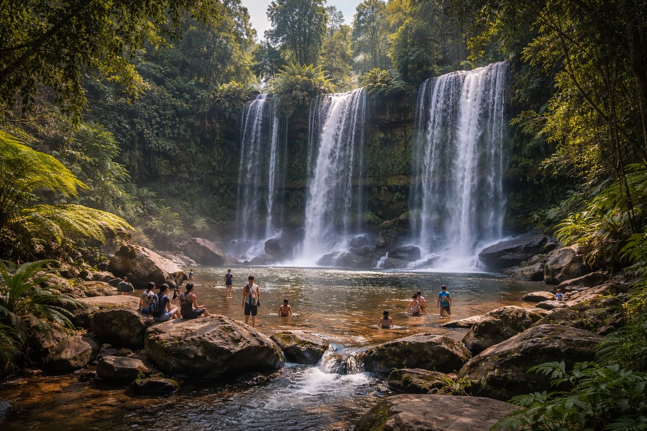 Cascata di Phnom Kulen nella giungla fitta del parco nazionale