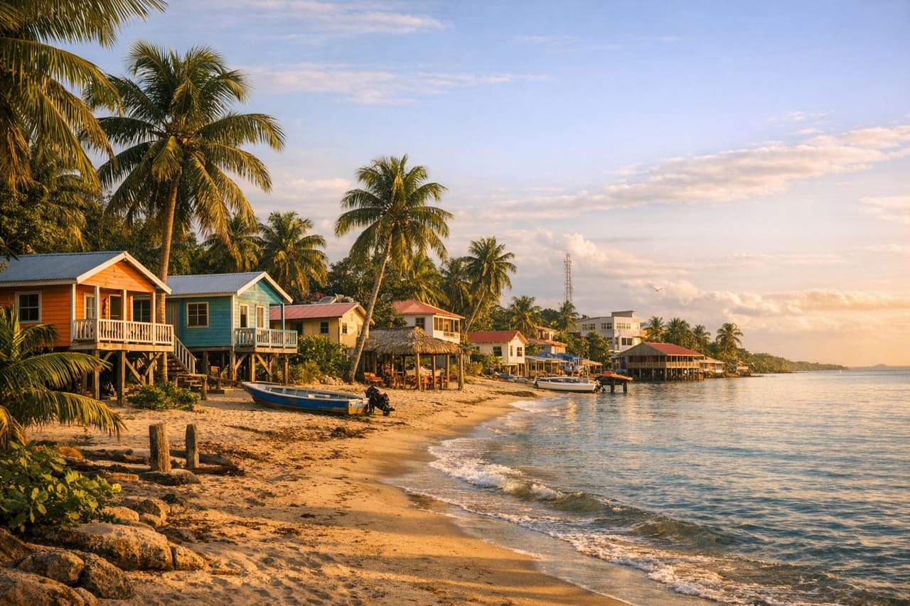 Il villaggio costiero di Hopkins con palme, case e vista mare in Belize