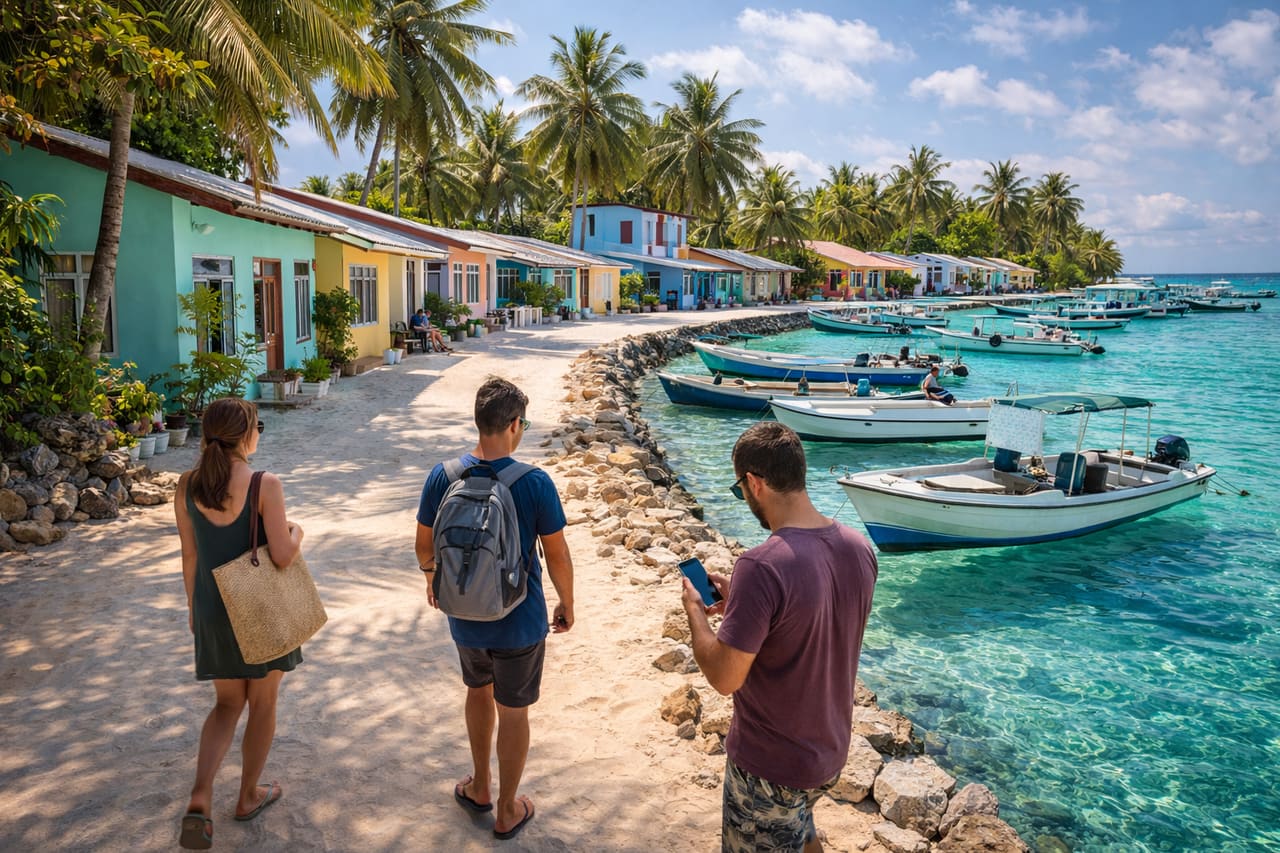 Isola di Maafushi con barche, case e turisti con uno smartphone con eSIM