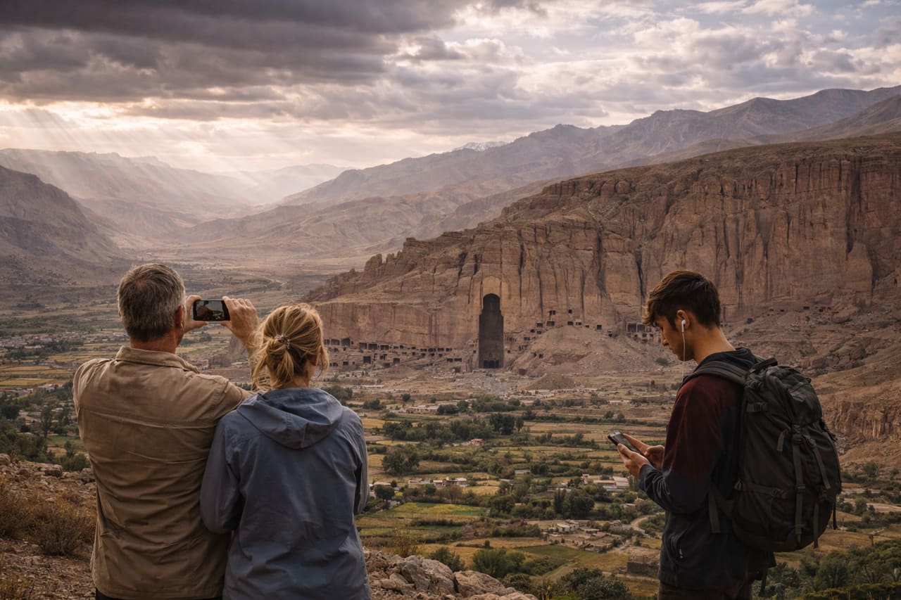 Valle di Bamiyan e turisti che usano la eSIM