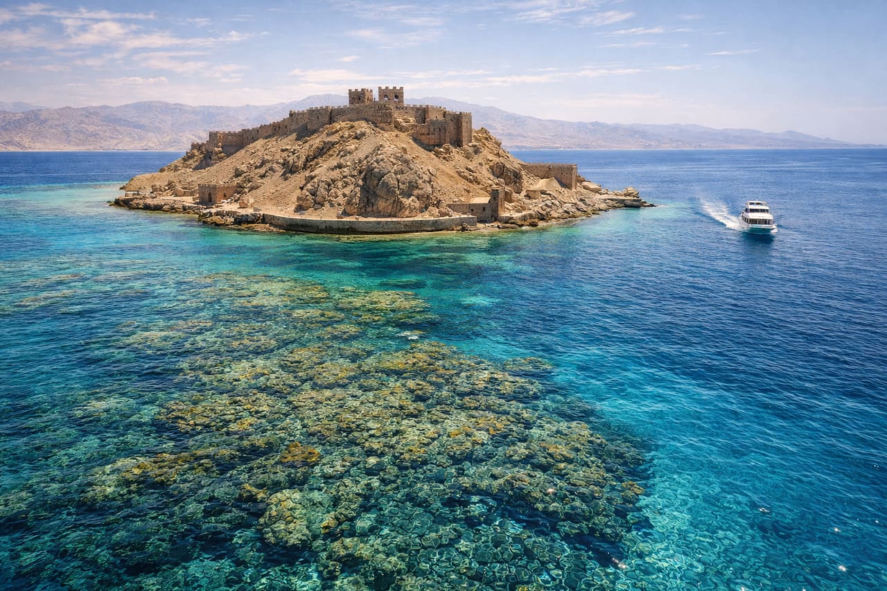 Fortezza sull’Isola dei Faraoni nel Mar Rosso e barche con turisti, viaggio in Egitto con internet eSIM
