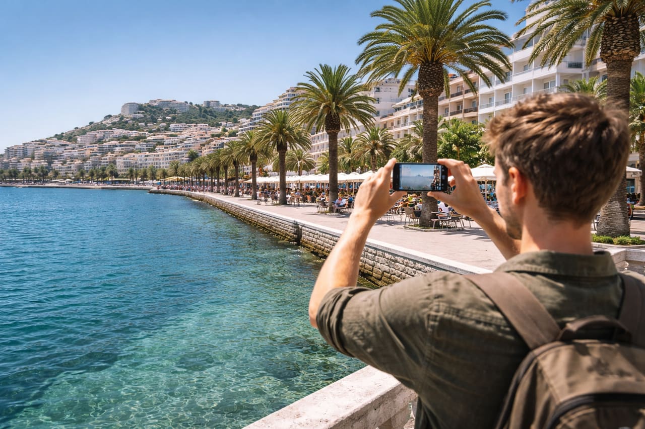 Giornata di sole in Albania con cielo brillante e costa marina