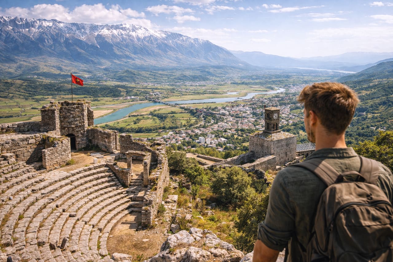 Vista dalla fortezza su montagne e valle in Albania
