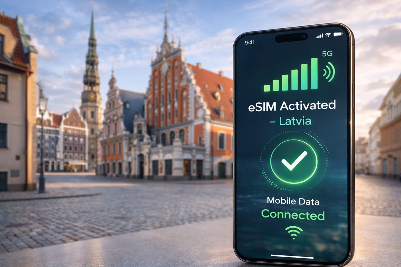 Letonya’da Riga’nın eski şehri arka planında etkinleştirilmiş eSIM’li bir akıllı telefon
