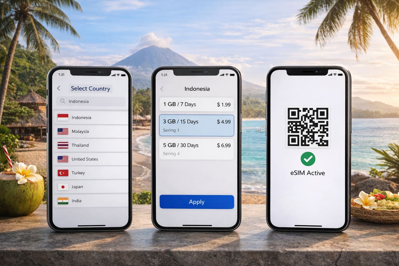 Tre smartphone con attivazione eSIM per l’Indonesia sullo sfondo di una spiaggia tropicale e di un vulcano