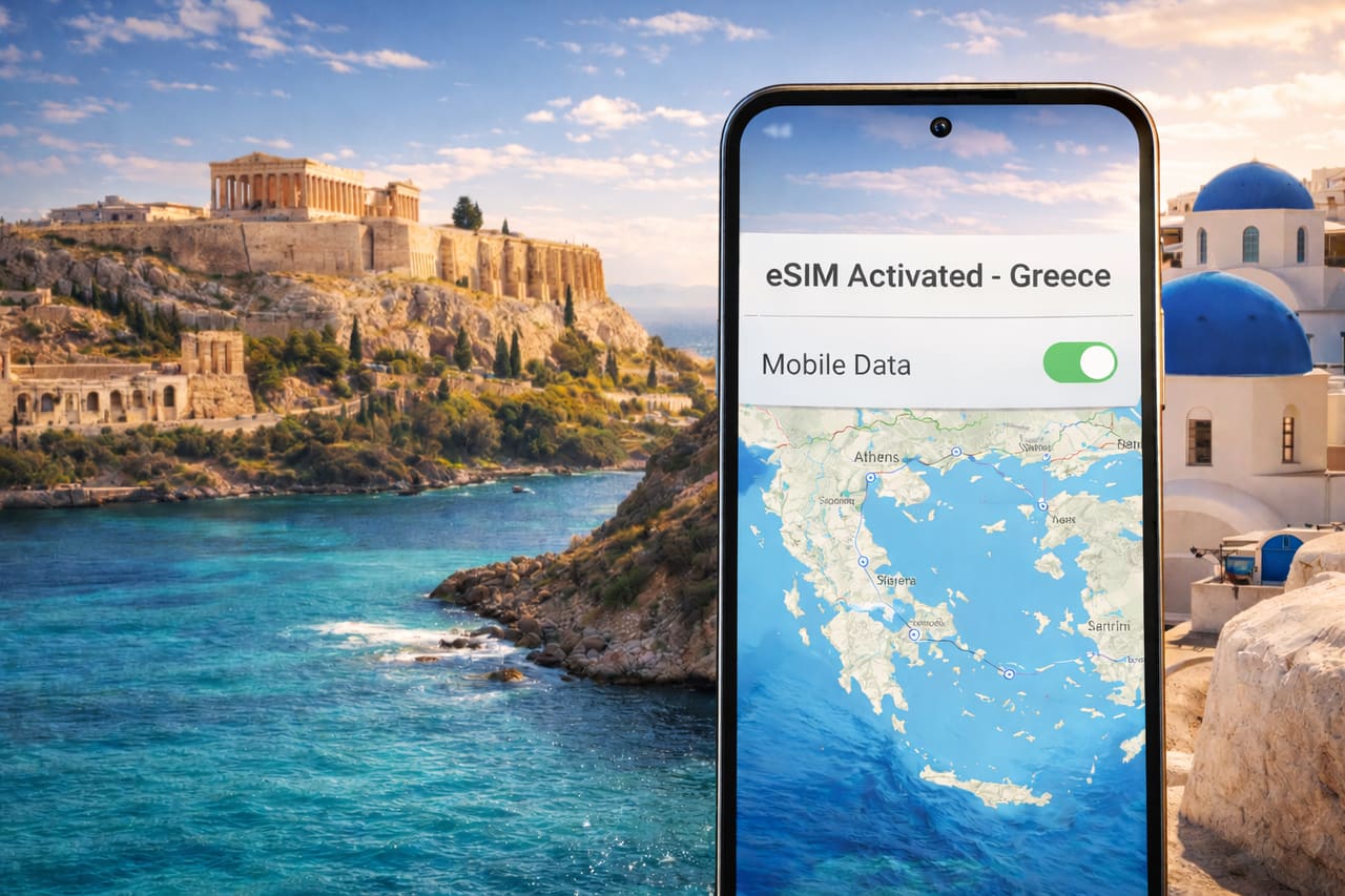 Uno smartphone con eSIM attiva sullo sfondo dell’Acropoli, delle case di Santorini e del turchese Mar Egeo
