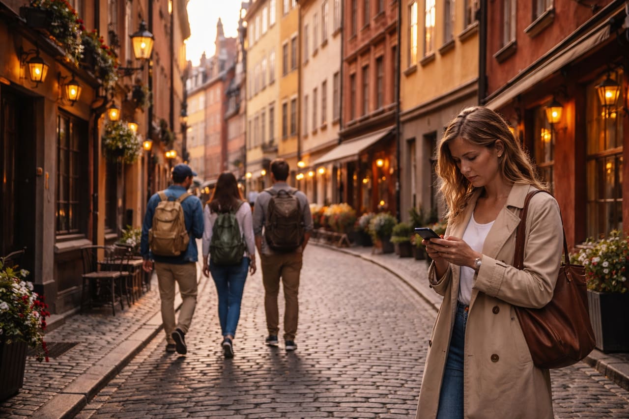 La città vecchia di Stoccolma, Gamla Stan, al tramonto: una turista sullo sfondo consulta una mappa sul telefono